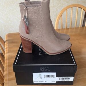 MIA Taupe Suede Ankle Booties with Stacked Heel